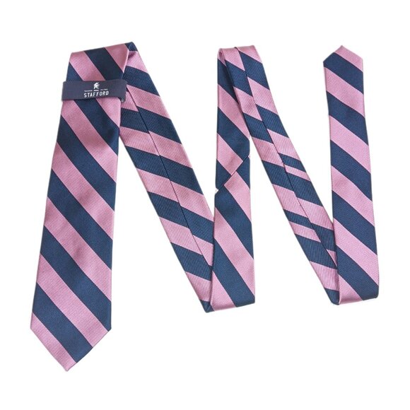 Stafford Silk Repp Tie Mens 59.5” Navy Blue Pink Stripe Designer Classic Tie NWT - Picture 2 of 4